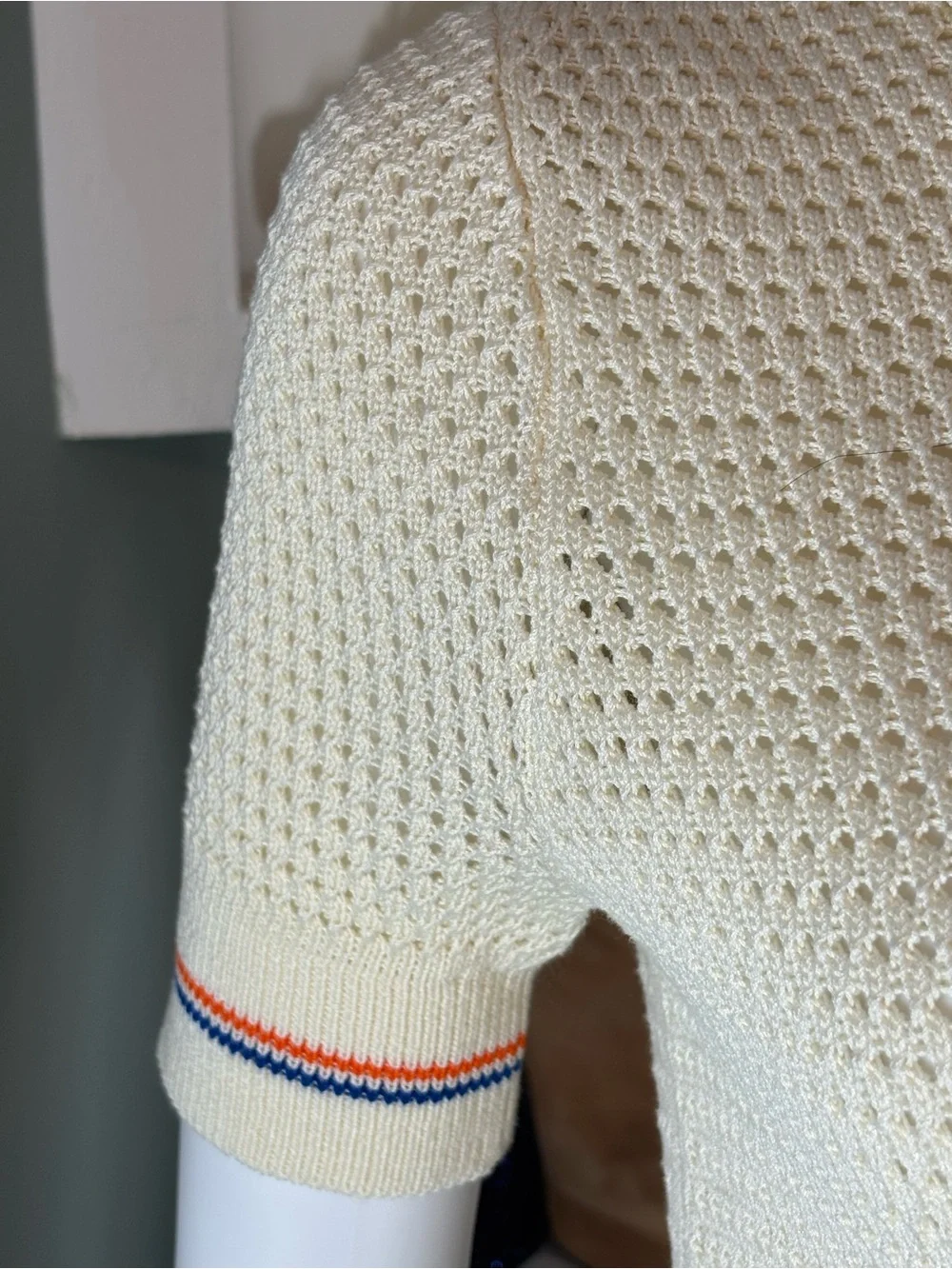 Tory Burch Cream Open Knit Crochet Sweater Pointelle Polo Shirt Top S Small